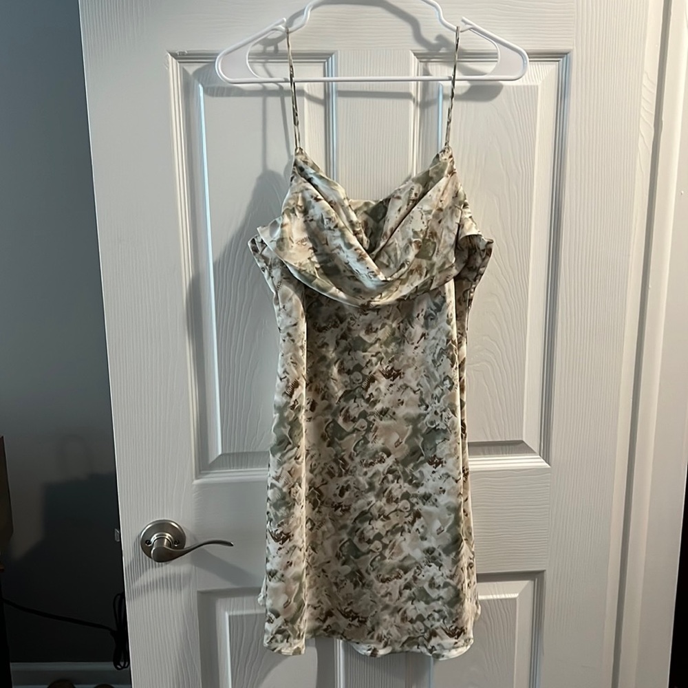 cute satin like cream olive and brown mini dress from hello molly